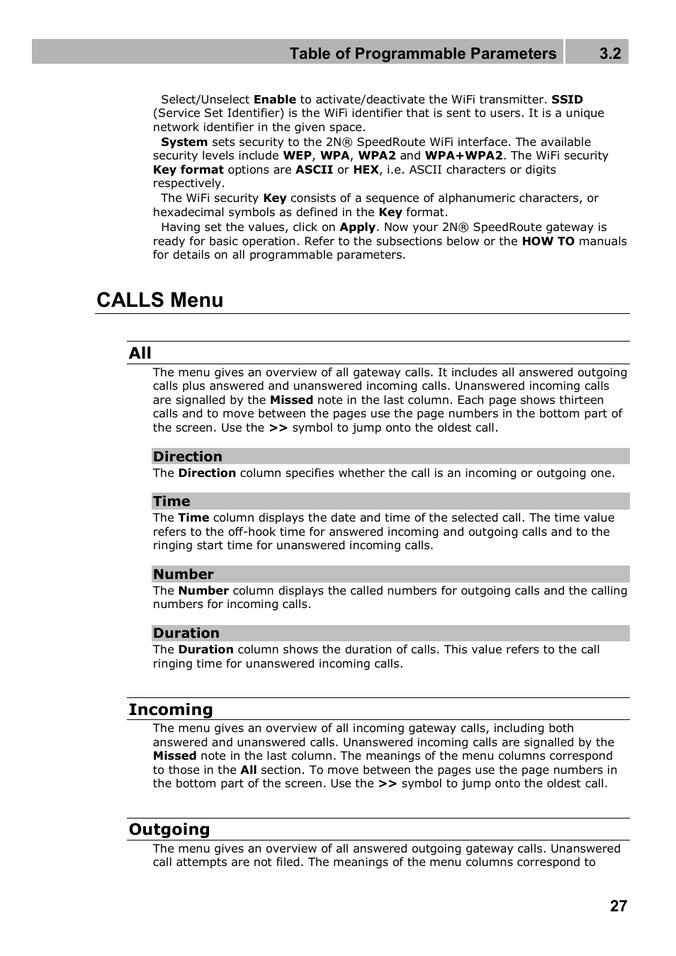 Calls menu, Table of programmable parameters 3.2, Incoming | Outgoing | 2N 4G wireless router 2N SpeedRoute - User manual, 1898 v1.02 User Manual | Page 27 / 101