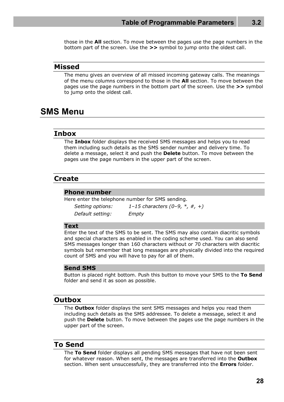 Sms menu, Table of programmable parameters 3.2, Missed | Inbox, Create, Outbox | 2N 4G wireless router 2N SpeedRoute - User manual, 1898 v1.02 User Manual | Page 28 / 101