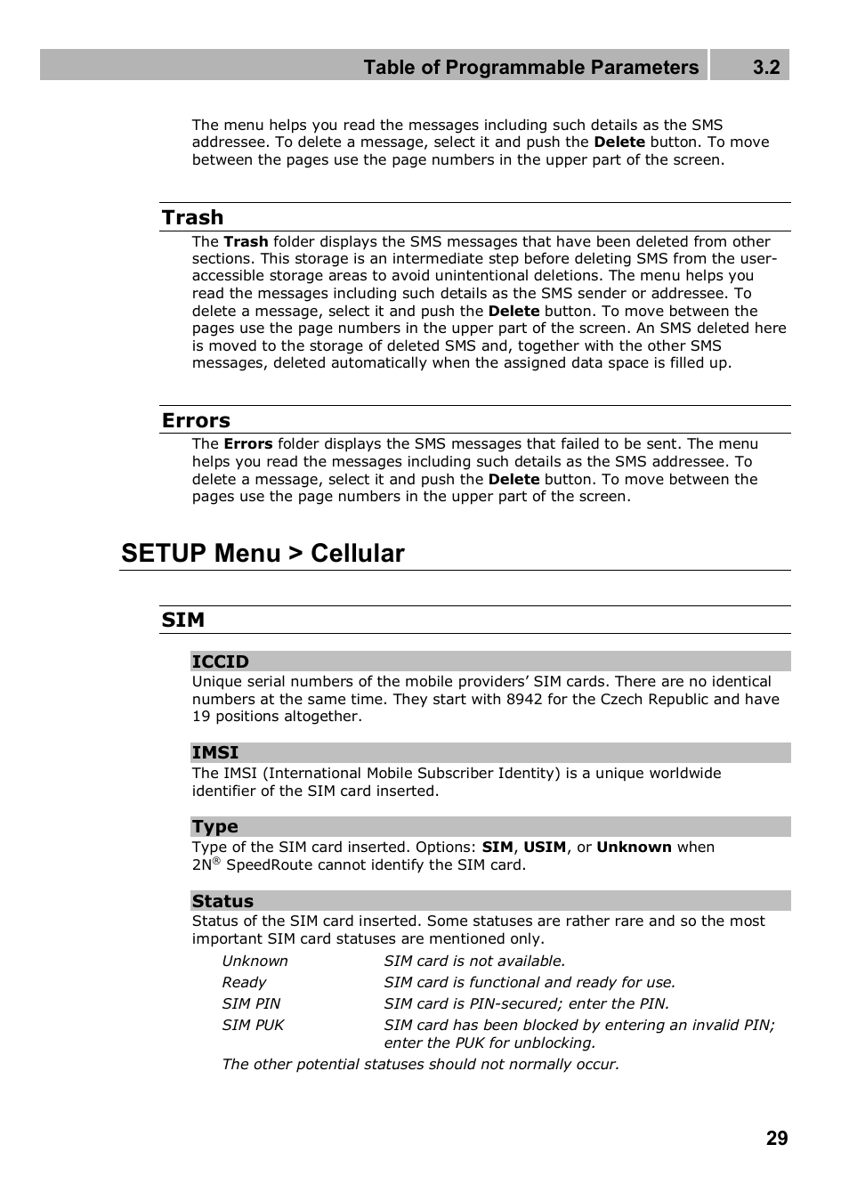 Setup menu > cellular, Table of programmable parameters 3.2, Trash | Errors | 2N 4G wireless router 2N SpeedRoute - User manual, 1898 v1.02 User Manual | Page 29 / 101