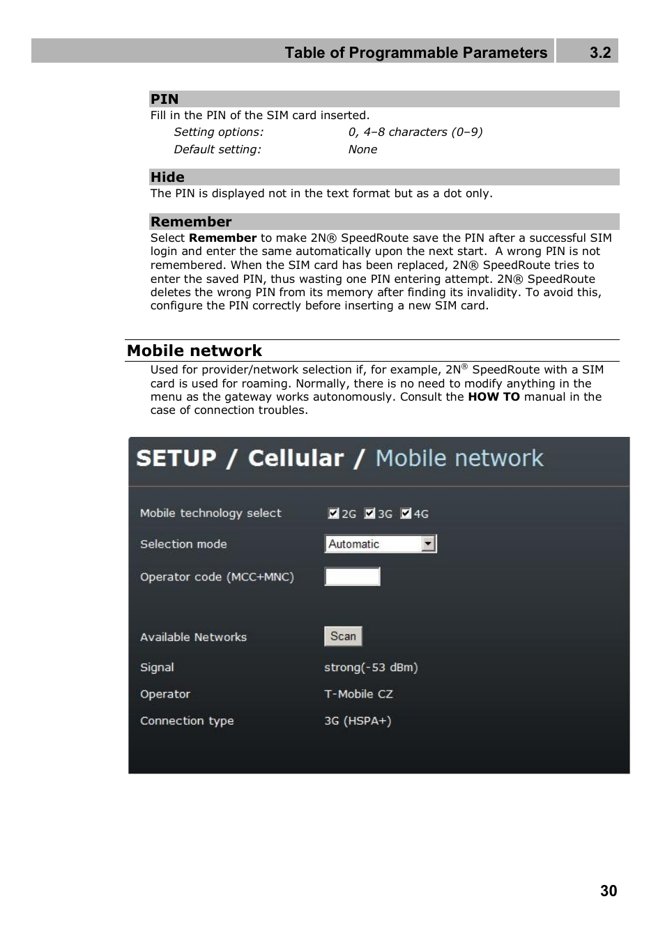 Table of programmable parameters 3.2, Mobile network | 2N 4G wireless router 2N SpeedRoute - User manual, 1898 v1.02 User Manual | Page 30 / 101