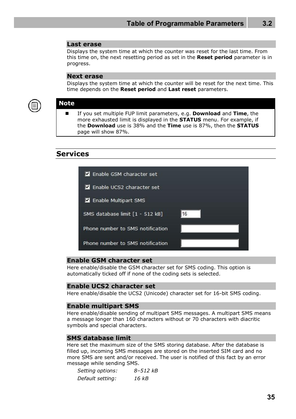 Table of programmable parameters 3.2, Services | 2N 4G wireless router 2N SpeedRoute - User manual, 1898 v1.02 User Manual | Page 35 / 101