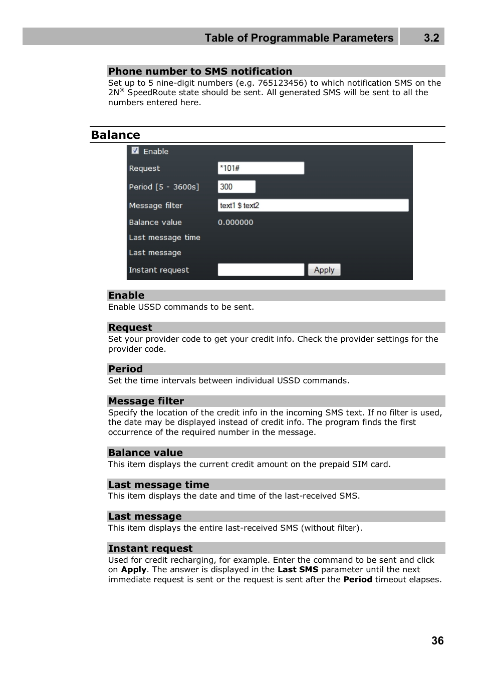 Table of programmable parameters 3.2, Balance | 2N 4G wireless router 2N SpeedRoute - User manual, 1898 v1.02 User Manual | Page 36 / 101