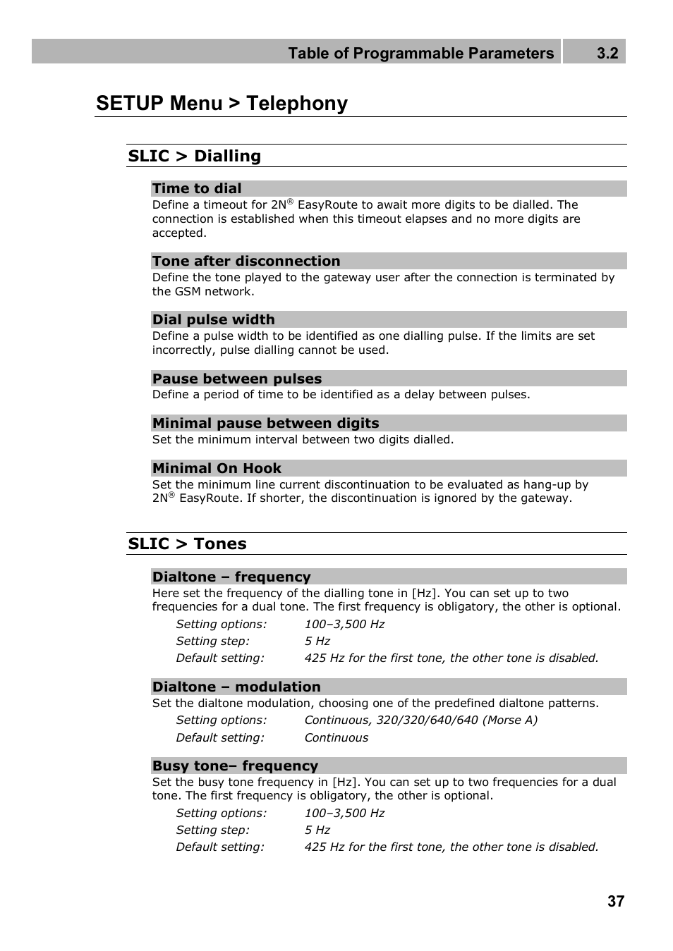 Setup menu > telephony, Table of programmable parameters 3.2, Slic > dialling | Slic > tones | 2N 4G wireless router 2N SpeedRoute - User manual, 1898 v1.02 User Manual | Page 37 / 101