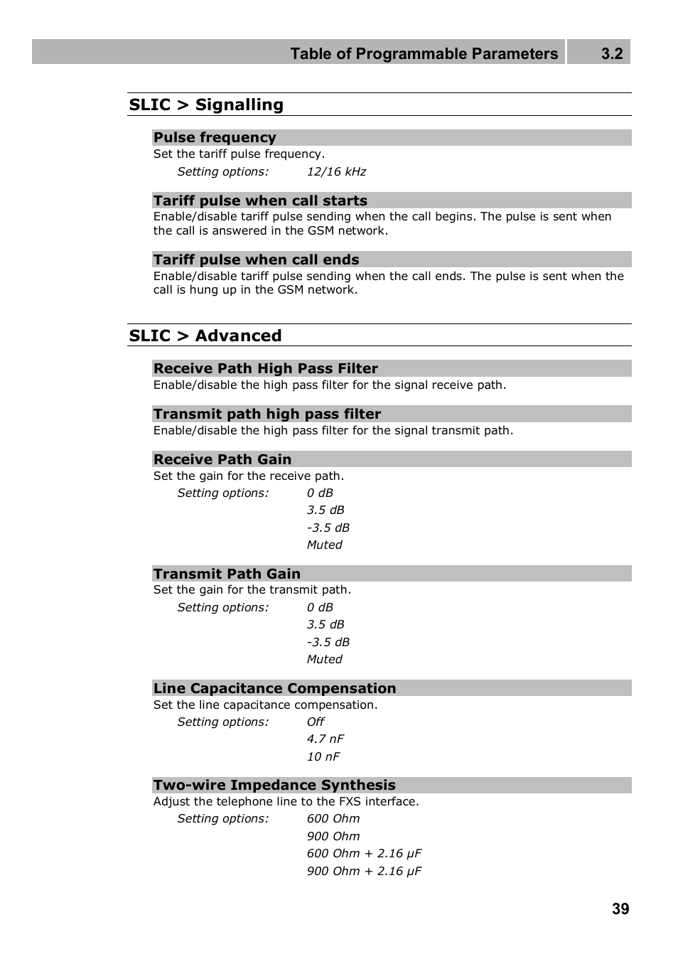Table of programmable parameters 3.2, 39 slic > signalling, Slic > advanced | 2N 4G wireless router 2N SpeedRoute - User manual, 1898 v1.02 User Manual | Page 39 / 101