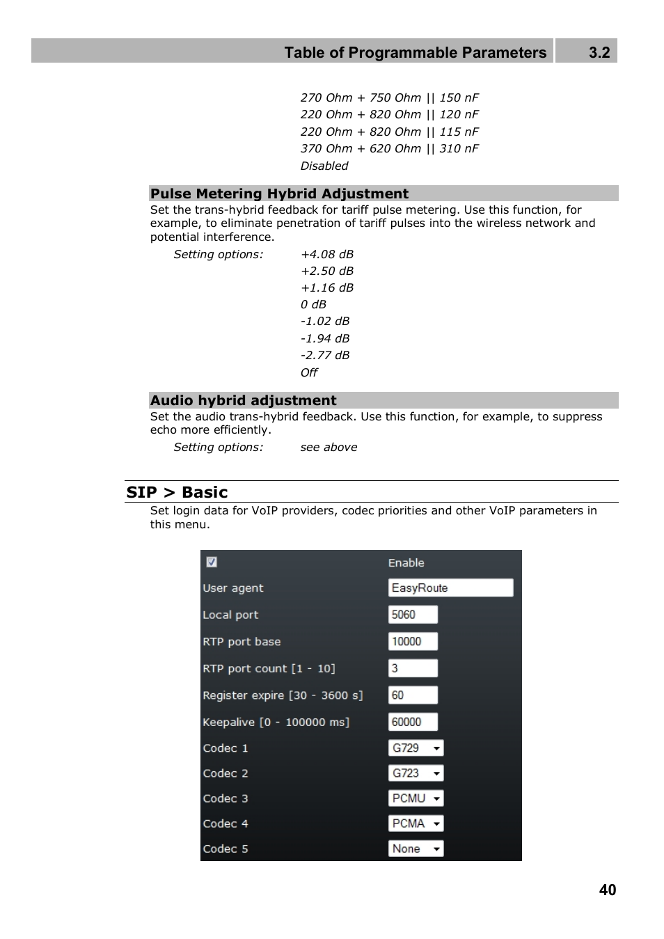 Table of programmable parameters 3.2, Sip > basic | 2N 4G wireless router 2N SpeedRoute - User manual, 1898 v1.02 User Manual | Page 40 / 101