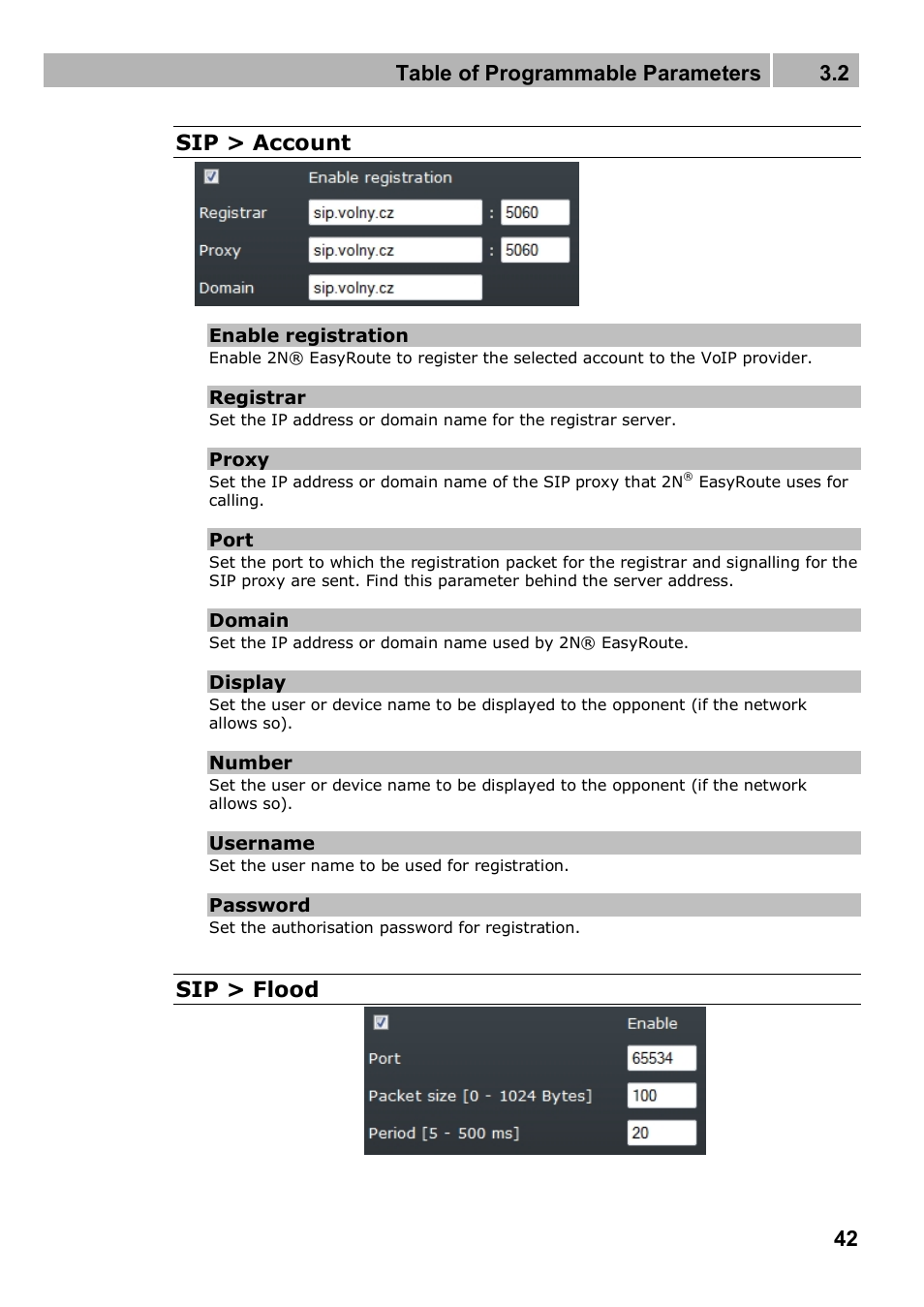 Table of programmable parameters 3.2, 42 sip > account, Sip > flood | 2N 4G wireless router 2N SpeedRoute - User manual, 1898 v1.02 User Manual | Page 42 / 101