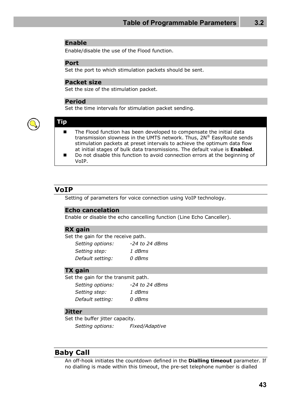 Table of programmable parameters 3.2, Voip, Baby call | 2N 4G wireless router 2N SpeedRoute - User manual, 1898 v1.02 User Manual | Page 43 / 101