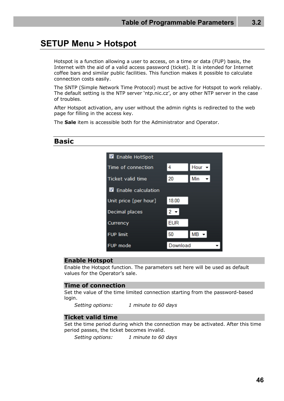 Setup menu > hotspot, Table of programmable parameters 3.2, Basic | 2N 4G wireless router 2N SpeedRoute - User manual, 1898 v1.02 User Manual | Page 46 / 101