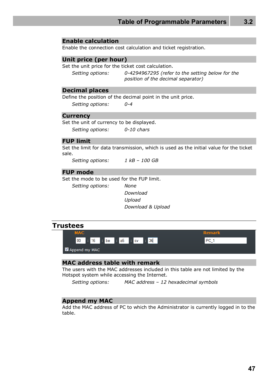 Table of programmable parameters 3.2, Trustees | 2N 4G wireless router 2N SpeedRoute - User manual, 1898 v1.02 User Manual | Page 47 / 101