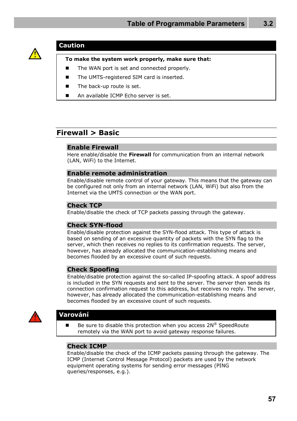 Table of programmable parameters 3.2, Firewall > basic | 2N 4G wireless router 2N SpeedRoute - User manual, 1898 v1.02 User Manual | Page 57 / 101