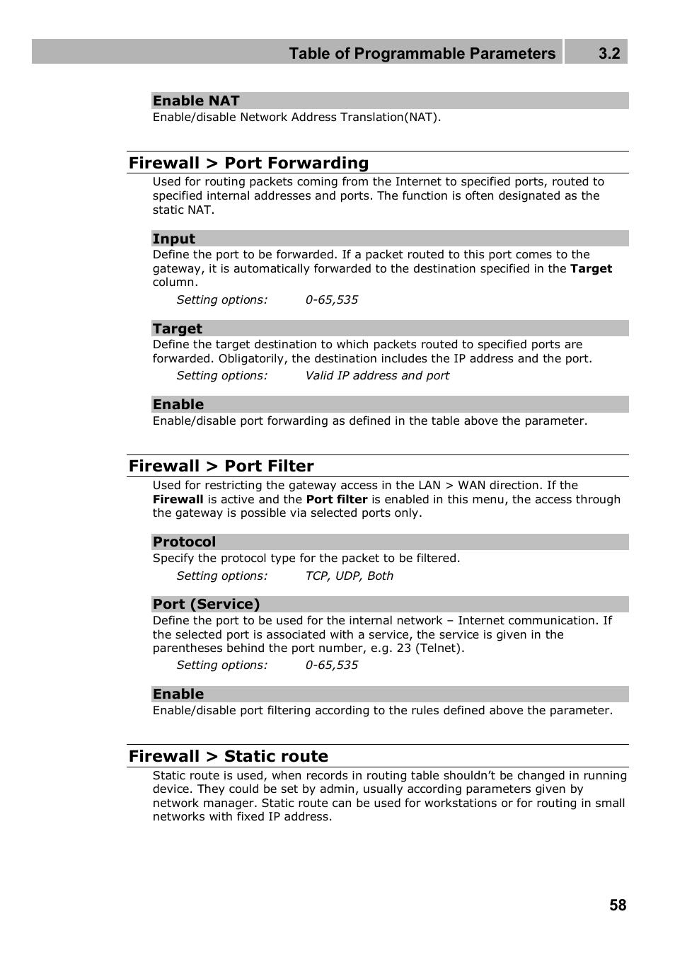 Table of programmable parameters 3.2, Firewall > port forwarding, Firewall > port filter | Firewall > static route | 2N 4G wireless router 2N SpeedRoute - User manual, 1898 v1.02 User Manual | Page 58 / 101