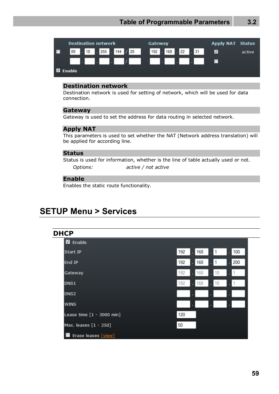 Setup menu > services, Table of programmable parameters 3.2, Dhcp | 2N 4G wireless router 2N SpeedRoute - User manual, 1898 v1.02 User Manual | Page 59 / 101