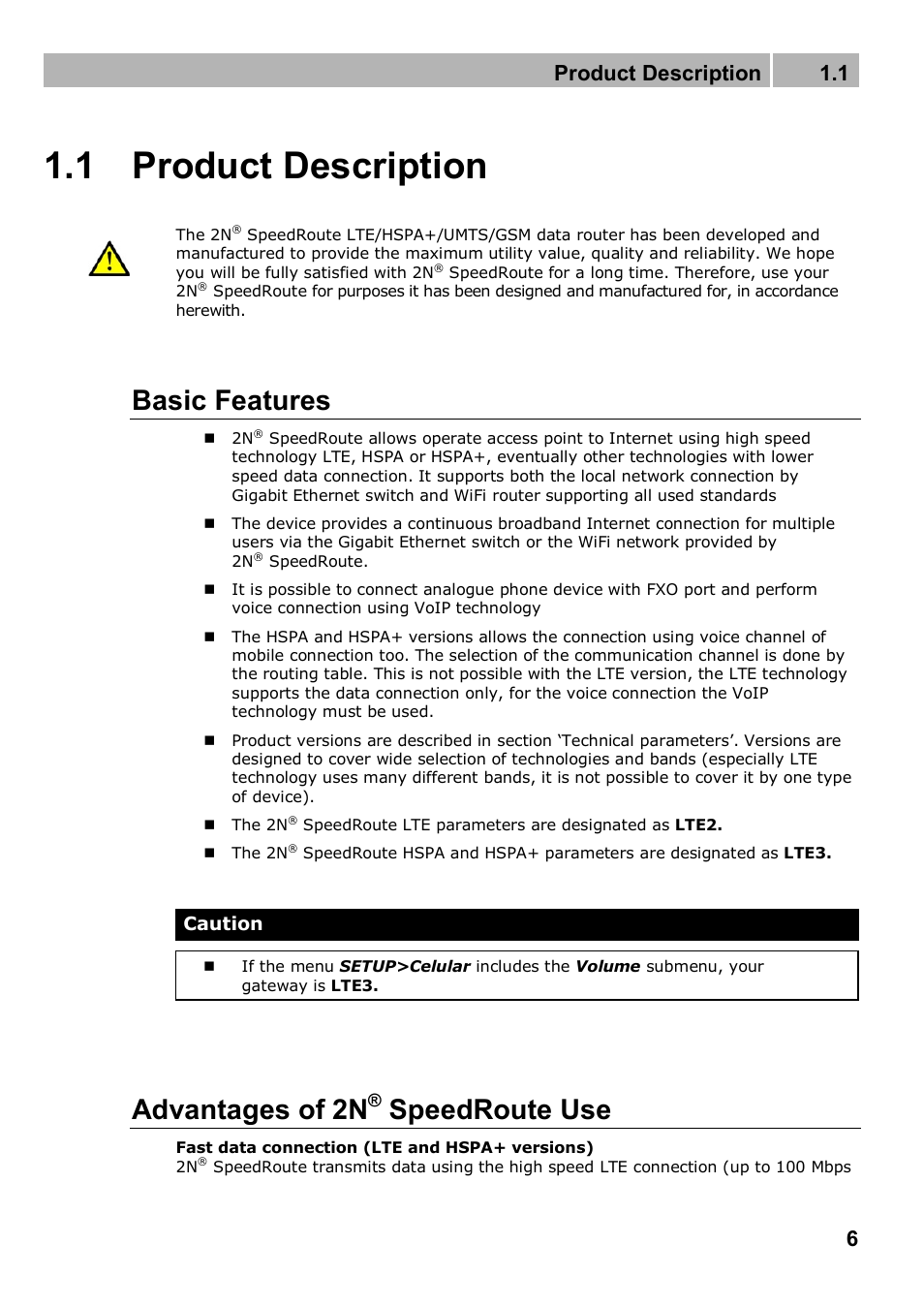 1 product description, Basic features, Advantages of 2n | Speedroute use, Product description 1.1 | 2N 4G wireless router 2N SpeedRoute - User manual, 1898 v1.02 User Manual | Page 6 / 101