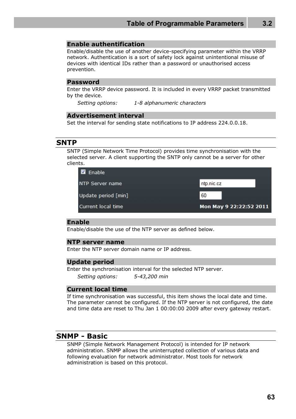 Table of programmable parameters 3.2, Sntp, Snmp - basic | 2N 4G wireless router 2N SpeedRoute - User manual, 1898 v1.02 User Manual | Page 63 / 101