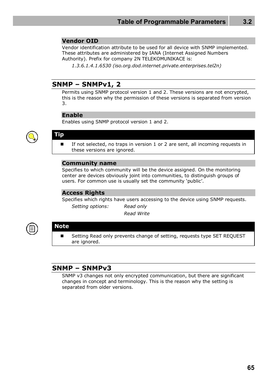 Table of programmable parameters 3.2, Snmp – snmpv1, 2, Snmp – snmpv3 | 2N 4G wireless router 2N SpeedRoute - User manual, 1898 v1.02 User Manual | Page 65 / 101