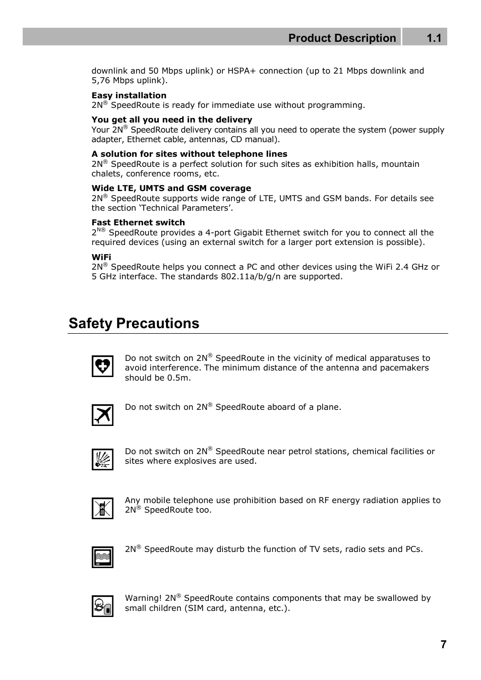 Safety precautions, Product description 1.1 | 2N 4G wireless router 2N SpeedRoute - User manual, 1898 v1.02 User Manual | Page 7 / 101