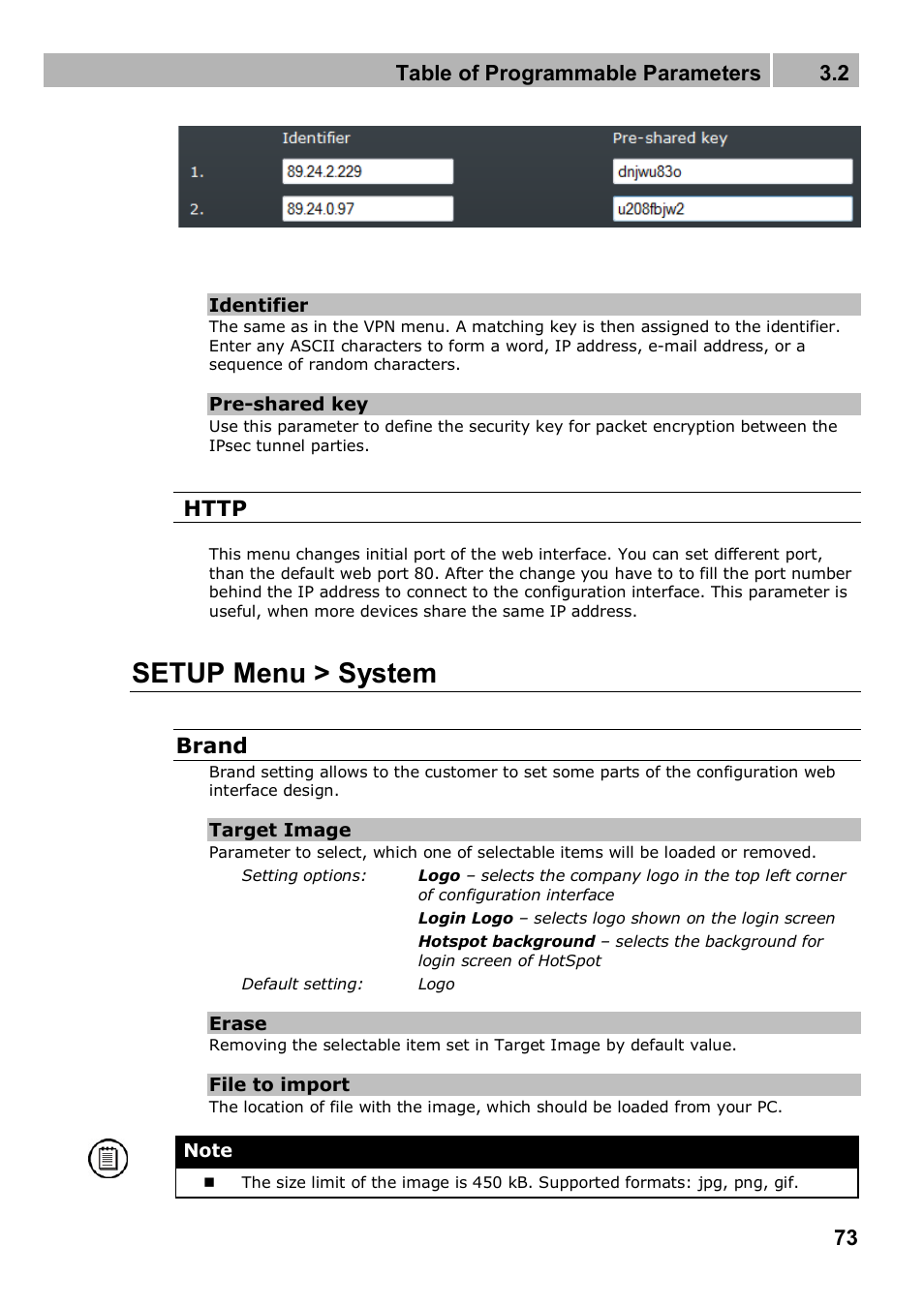 Setup menu > system, Table of programmable parameters 3.2, Brand | 2N 4G wireless router 2N SpeedRoute - User manual, 1898 v1.02 User Manual | Page 73 / 101