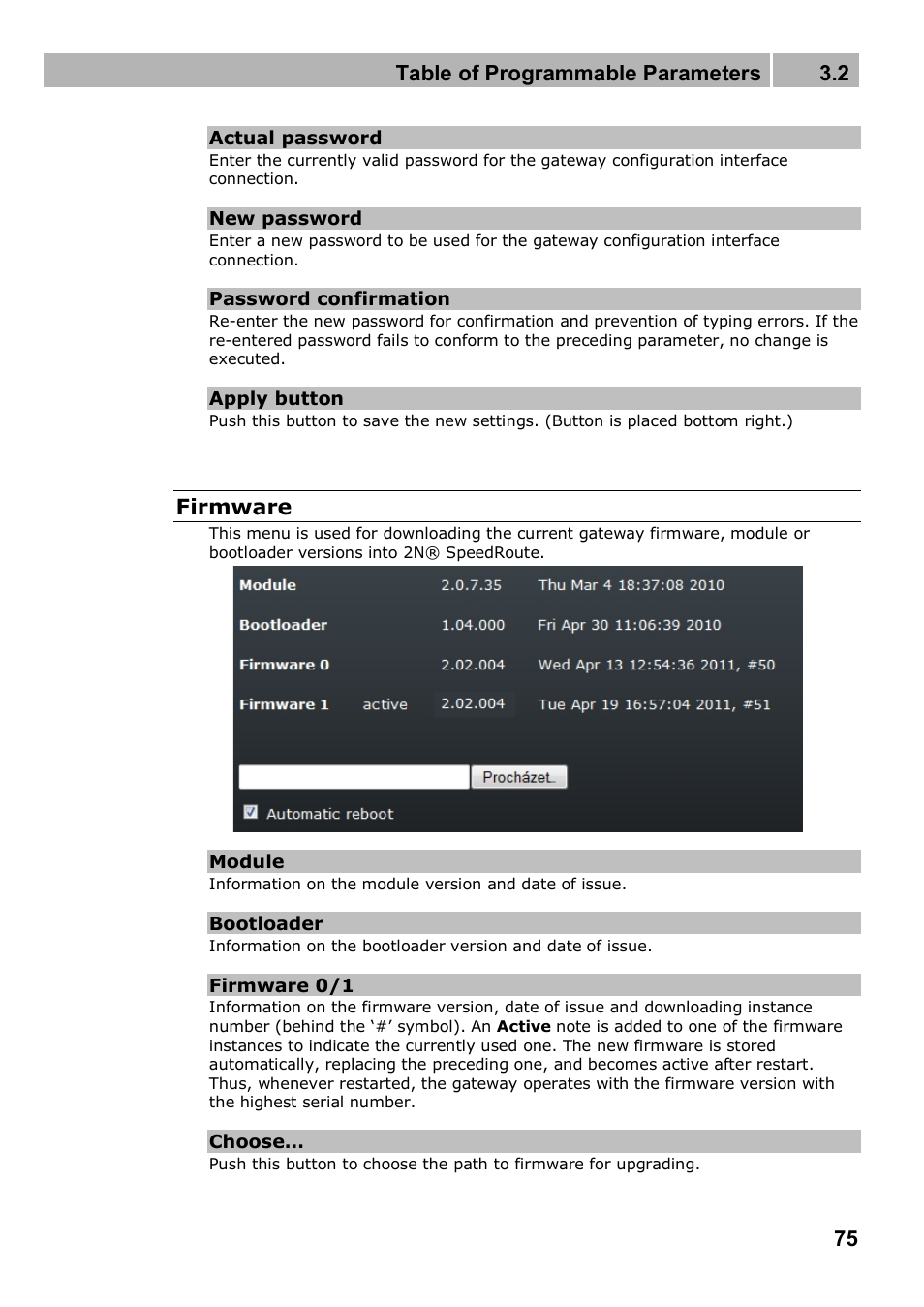 Table of programmable parameters 3.2, Firmware | 2N 4G wireless router 2N SpeedRoute - User manual, 1898 v1.02 User Manual | Page 75 / 101