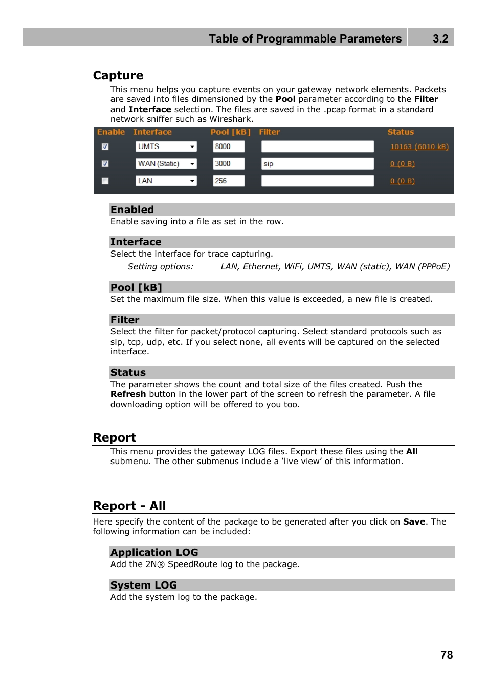 Table of programmable parameters 3.2, 78 capture, Report | Report - all | 2N 4G wireless router 2N SpeedRoute - User manual, 1898 v1.02 User Manual | Page 78 / 101