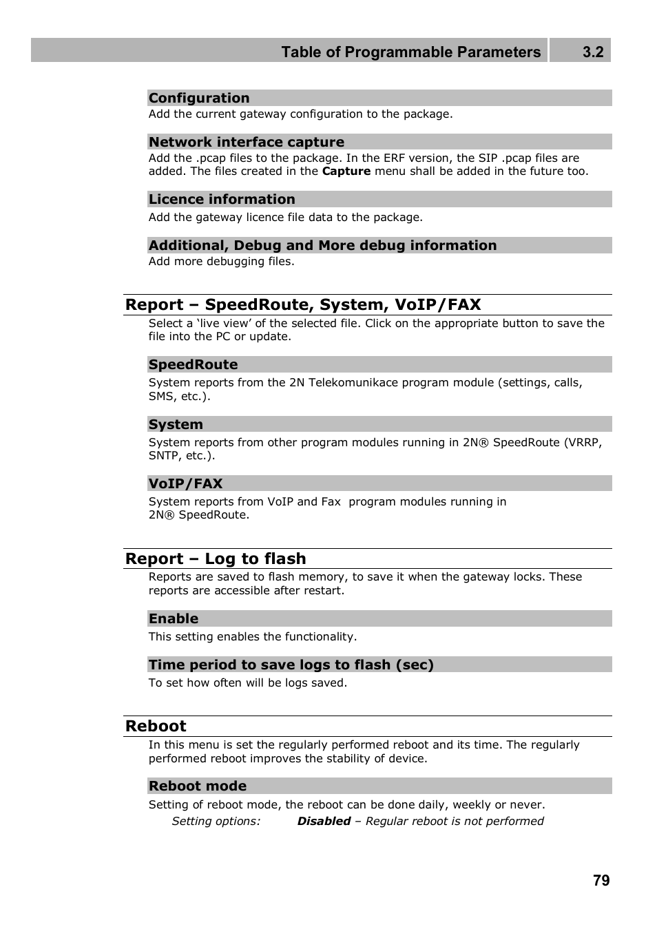 Table of programmable parameters 3.2, Report – speedroute, system, voip/fax, Report – log to flash | Reboot | 2N 4G wireless router 2N SpeedRoute - User manual, 1898 v1.02 User Manual | Page 79 / 101