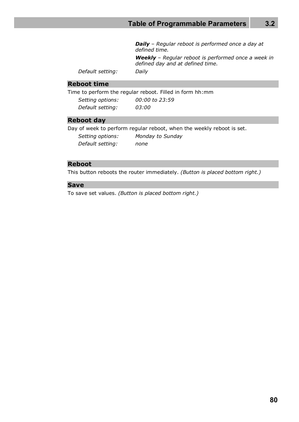 Table of programmable parameters 3.2 | 2N 4G wireless router 2N SpeedRoute - User manual, 1898 v1.02 User Manual | Page 80 / 101