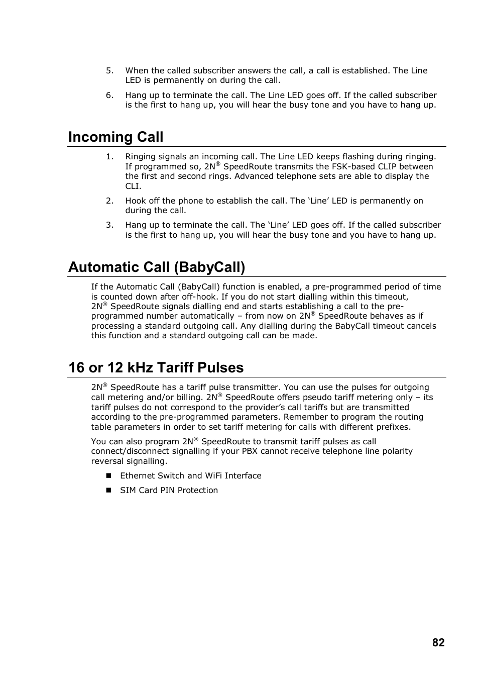 Incoming call, Automatic call (babycall), 16 or 12 khz tariff pulses | 2N 4G wireless router 2N SpeedRoute - User manual, 1898 v1.02 User Manual | Page 82 / 101