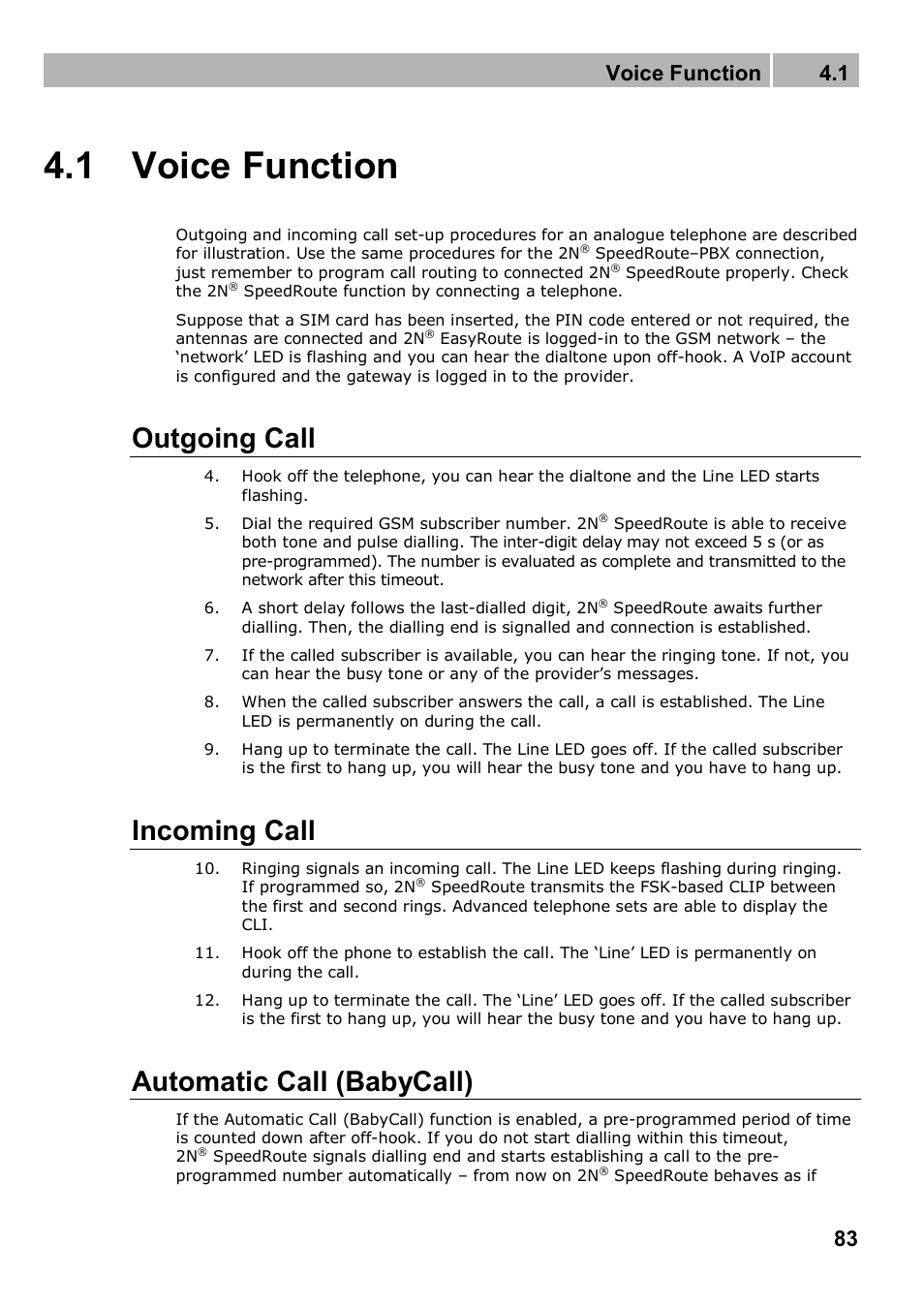 1 voice function, Outgoing call, Incoming call | Automatic call (babycall), Voice function 4.1 | 2N 4G wireless router 2N SpeedRoute - User manual, 1898 v1.02 User Manual | Page 83 / 101