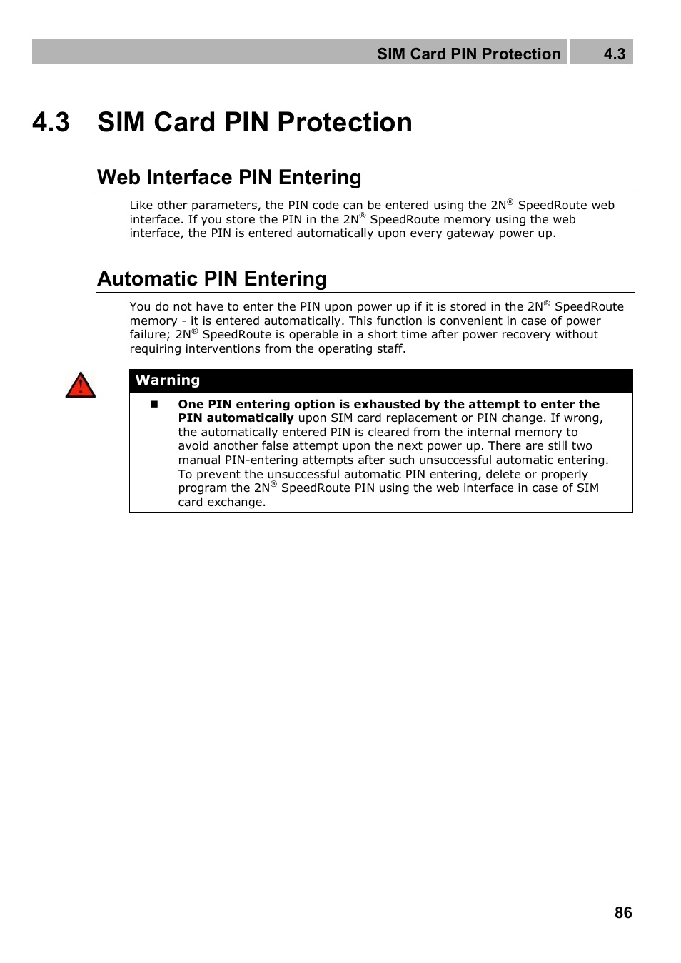 3 sim card pin protection, Web interface pin entering, Automatic pin entering | Sim card pin protection 4.3 | 2N 4G wireless router 2N SpeedRoute - User manual, 1898 v1.02 User Manual | Page 86 / 101