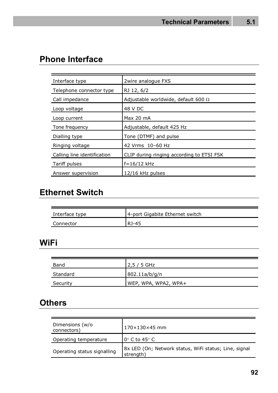 Phone interface, Ethernet switch, Wifi | Others, Technical parameters 5.1 | 2N 4G wireless router 2N SpeedRoute - User manual, 1898 v1.02 User Manual | Page 92 / 101
