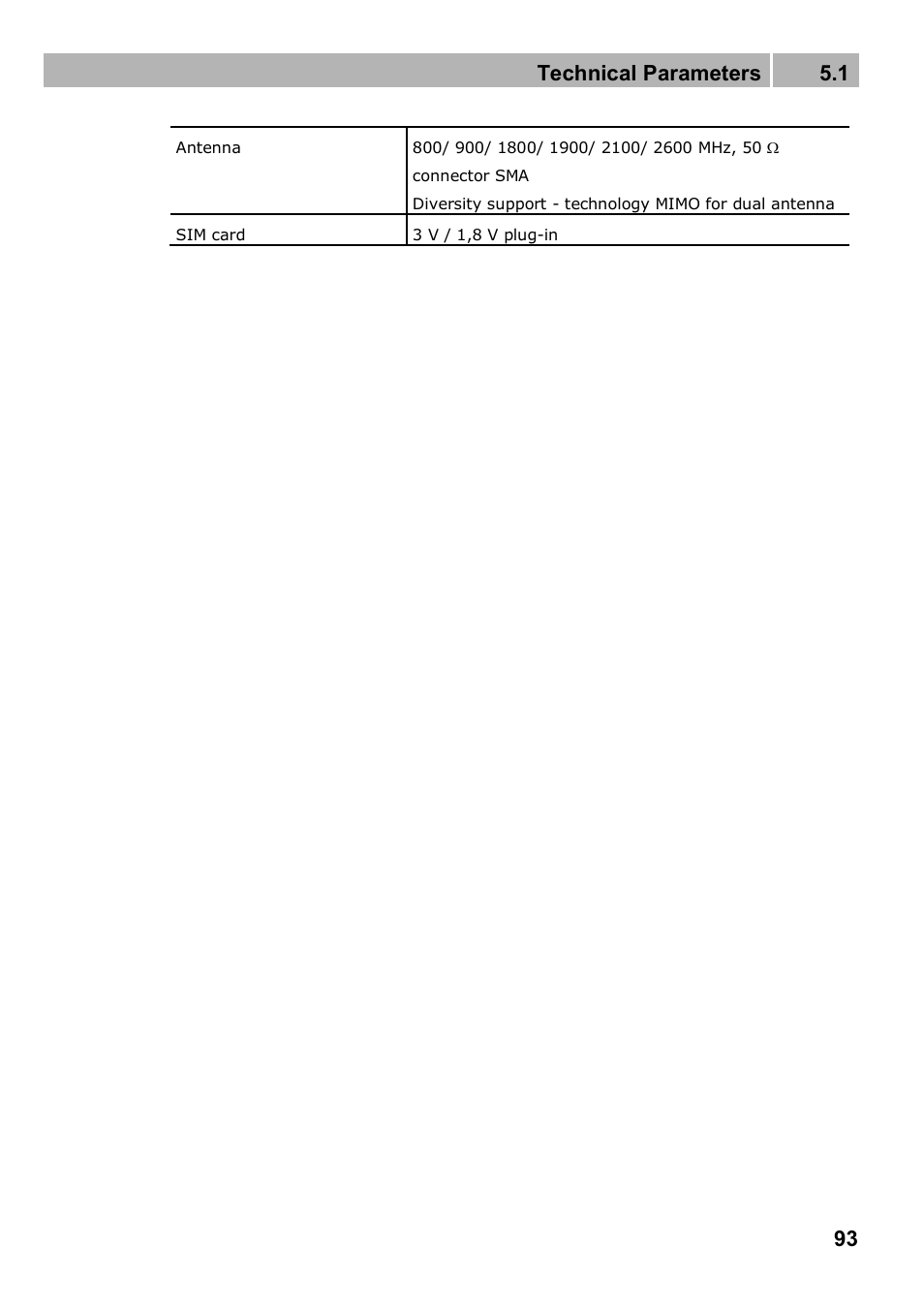 Technical parameters 5.1 | 2N 4G wireless router 2N SpeedRoute - User manual, 1898 v1.02 User Manual | Page 93 / 101