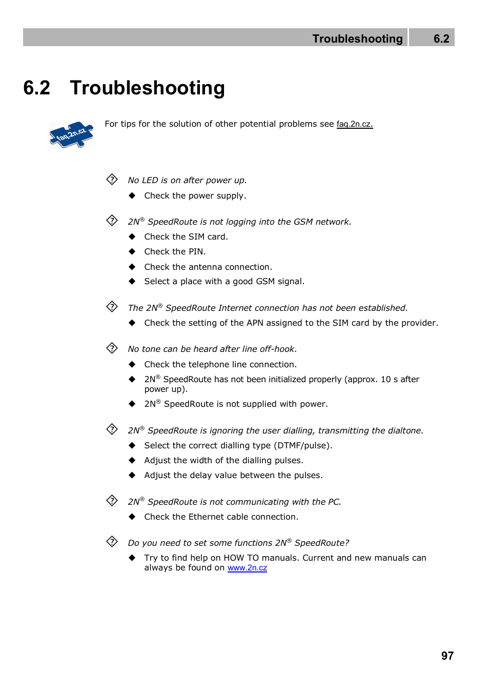 2 troubleshooting | 2N 4G wireless router 2N SpeedRoute - User manual, 1898 v1.02 User Manual | Page 97 / 101