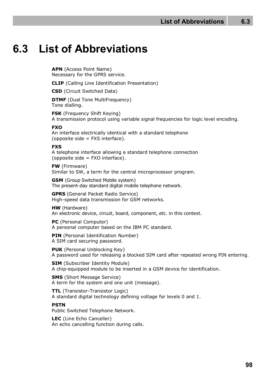 3 list of abbreviations, List of abbreviations 6.3 | 2N 4G wireless router 2N SpeedRoute - User manual, 1898 v1.02 User Manual | Page 98 / 101