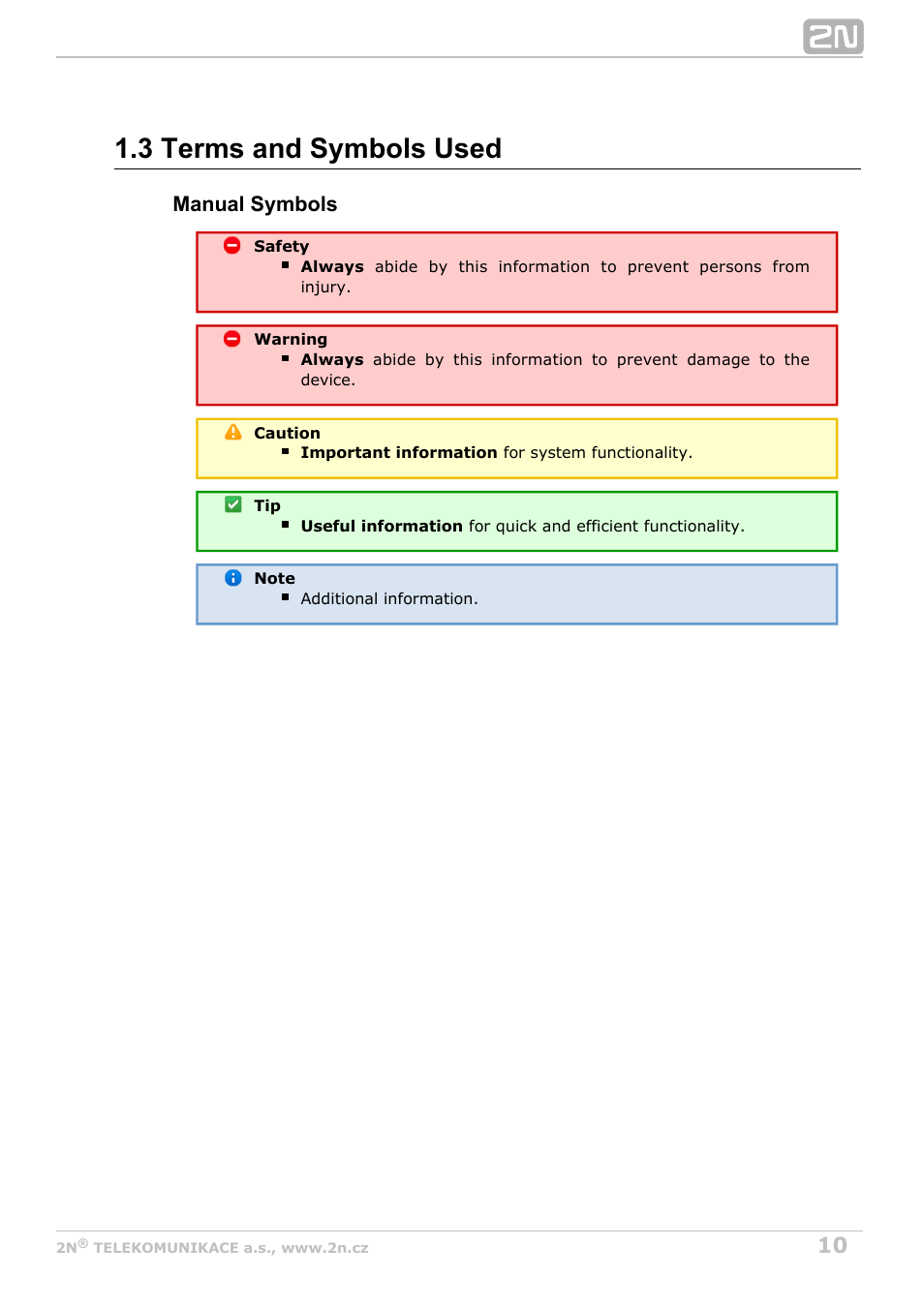 3 terms and symbols used, Manual symbols | 2N OfficeRoute - User manual, 1493 v1.9.0 User Manual | Page 10 / 113