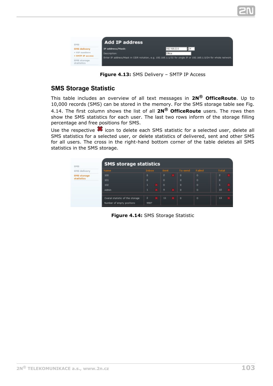 Sms storage statistic | 2N OfficeRoute - User manual, 1493 v1.9.0 User Manual | Page 103 / 113