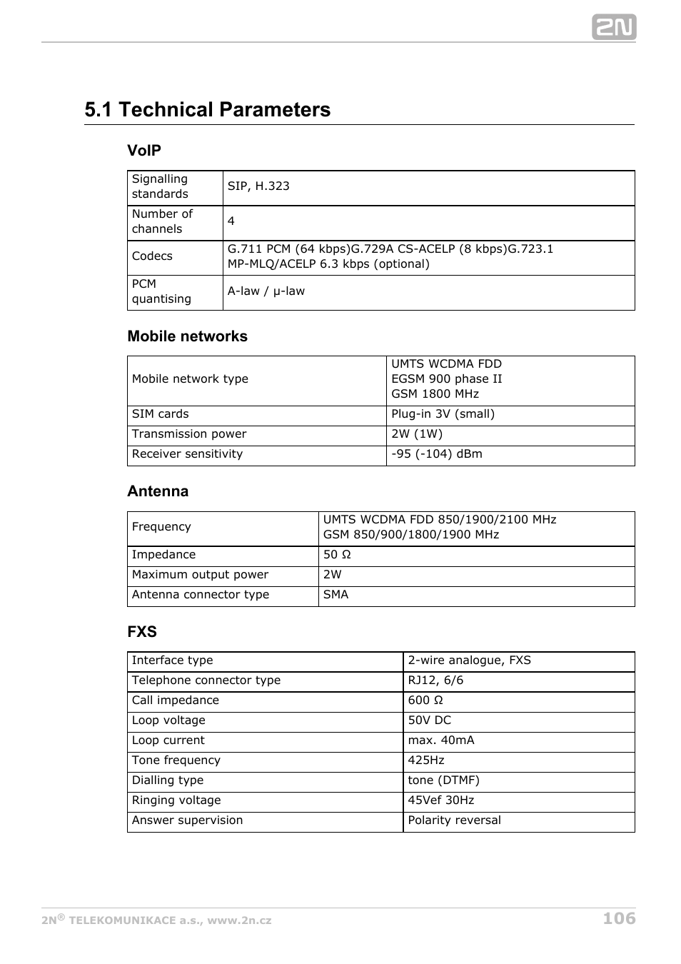 1 technical parameters, Voip, Mobile networks | Antenna | 2N OfficeRoute - User manual, 1493 v1.9.0 User Manual | Page 106 / 113