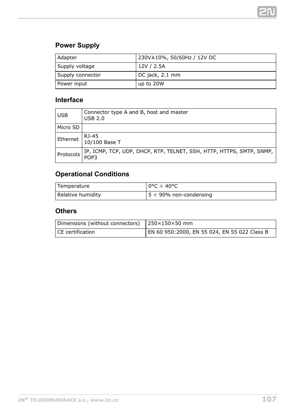 Power supply, Interface, Operational conditions | Others | 2N OfficeRoute - User manual, 1493 v1.9.0 User Manual | Page 107 / 113