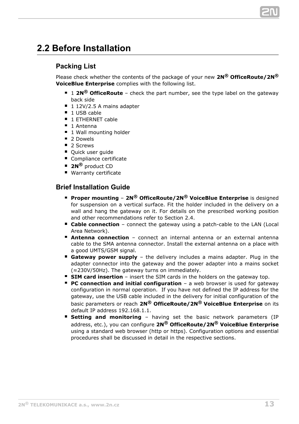 2 before installation, Packing list, Brief installation guide | 2N OfficeRoute - User manual, 1493 v1.9.0 User Manual | Page 13 / 113