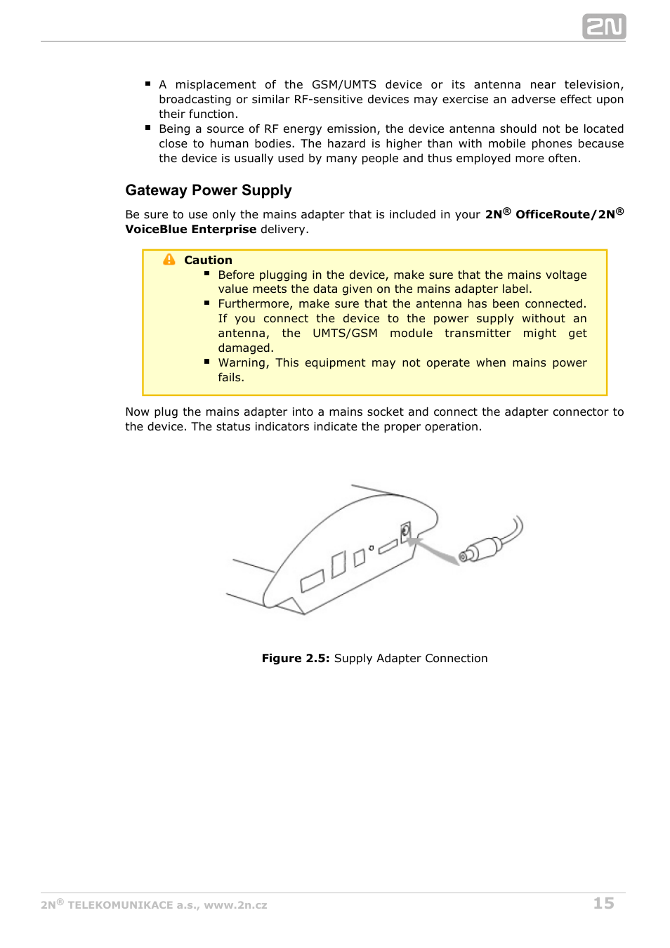 Gateway power supply | 2N OfficeRoute - User manual, 1493 v1.9.0 User Manual | Page 15 / 113