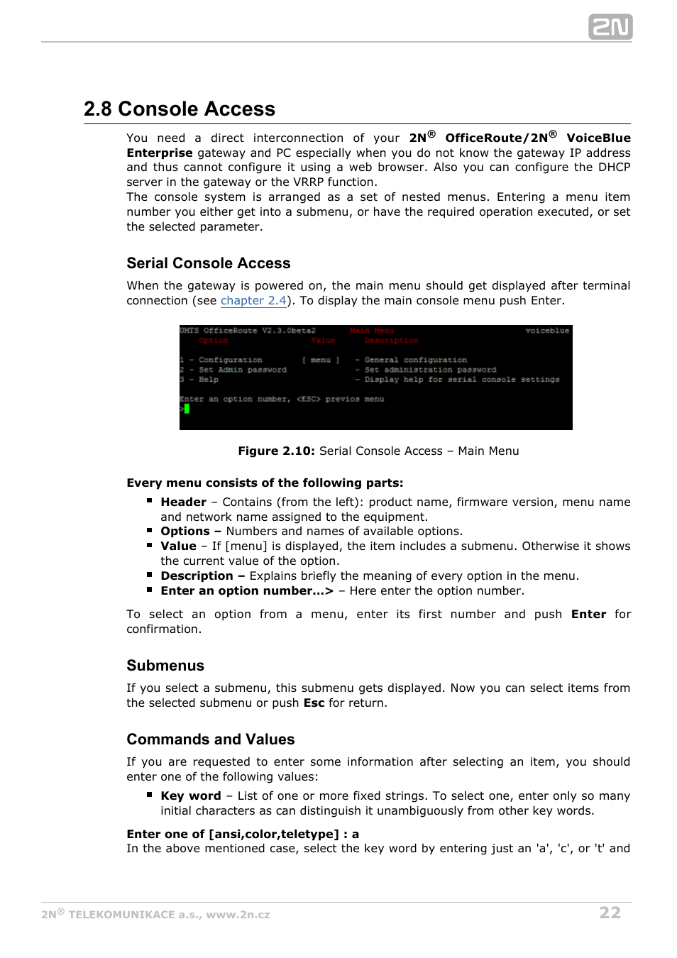 8 console access, Serial console access, Submenus | Commands and values | 2N OfficeRoute - User manual, 1493 v1.9.0 User Manual | Page 22 / 113