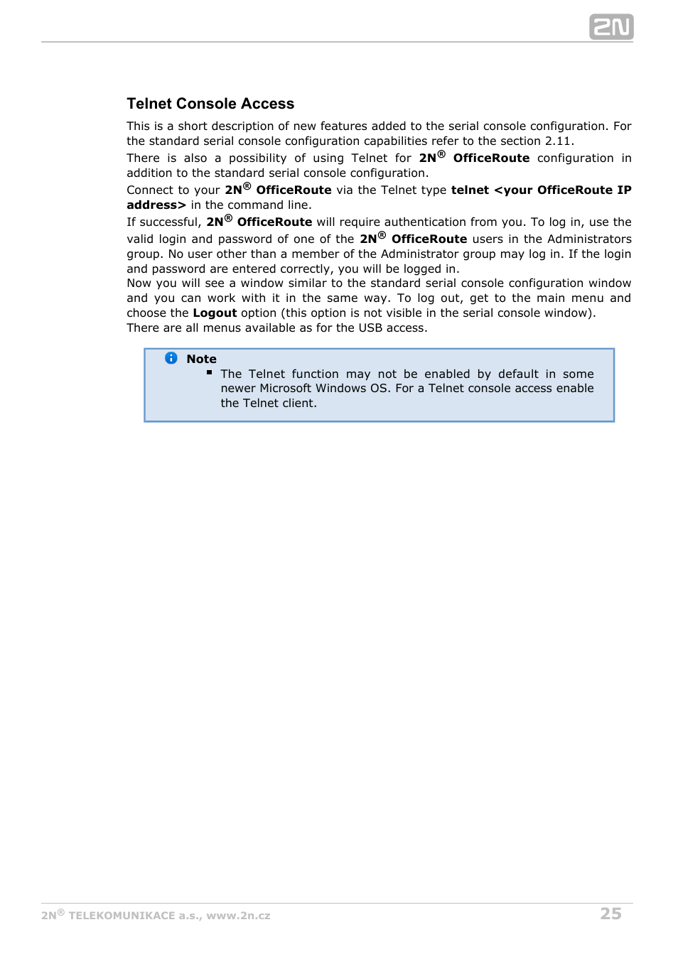 Telnet console access | 2N OfficeRoute - User manual, 1493 v1.9.0 User Manual | Page 25 / 113