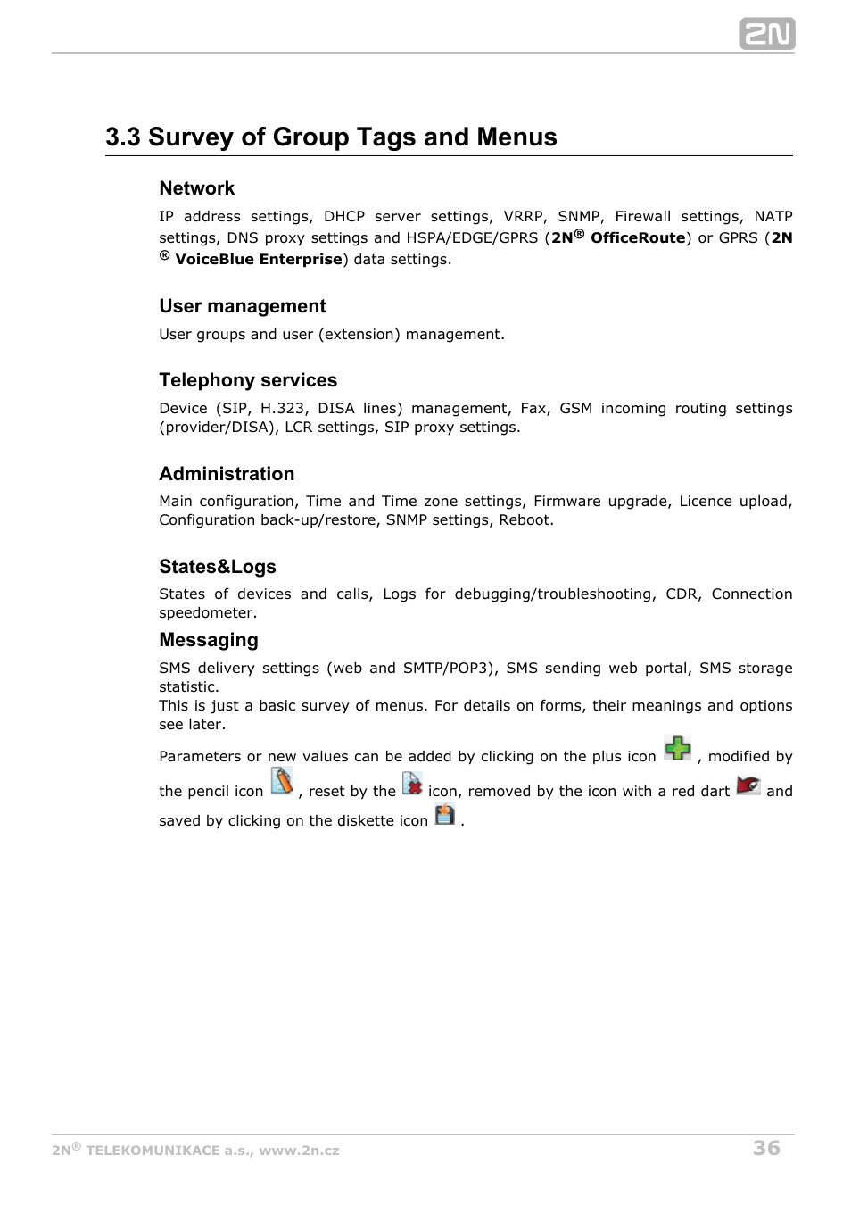 3 survey of group tags and menus, Network, User management | Telephony services, Administration, States&logs, Messaging | 2N OfficeRoute - User manual, 1493 v1.9.0 User Manual | Page 36 / 113