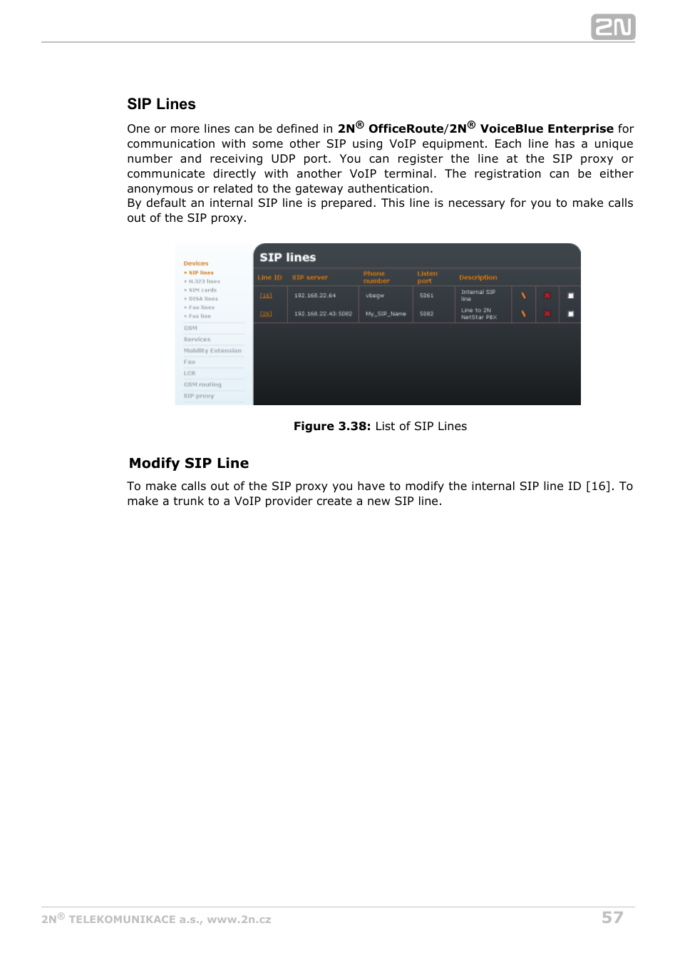 Sip lines | 2N OfficeRoute - User manual, 1493 v1.9.0 User Manual | Page 57 / 113