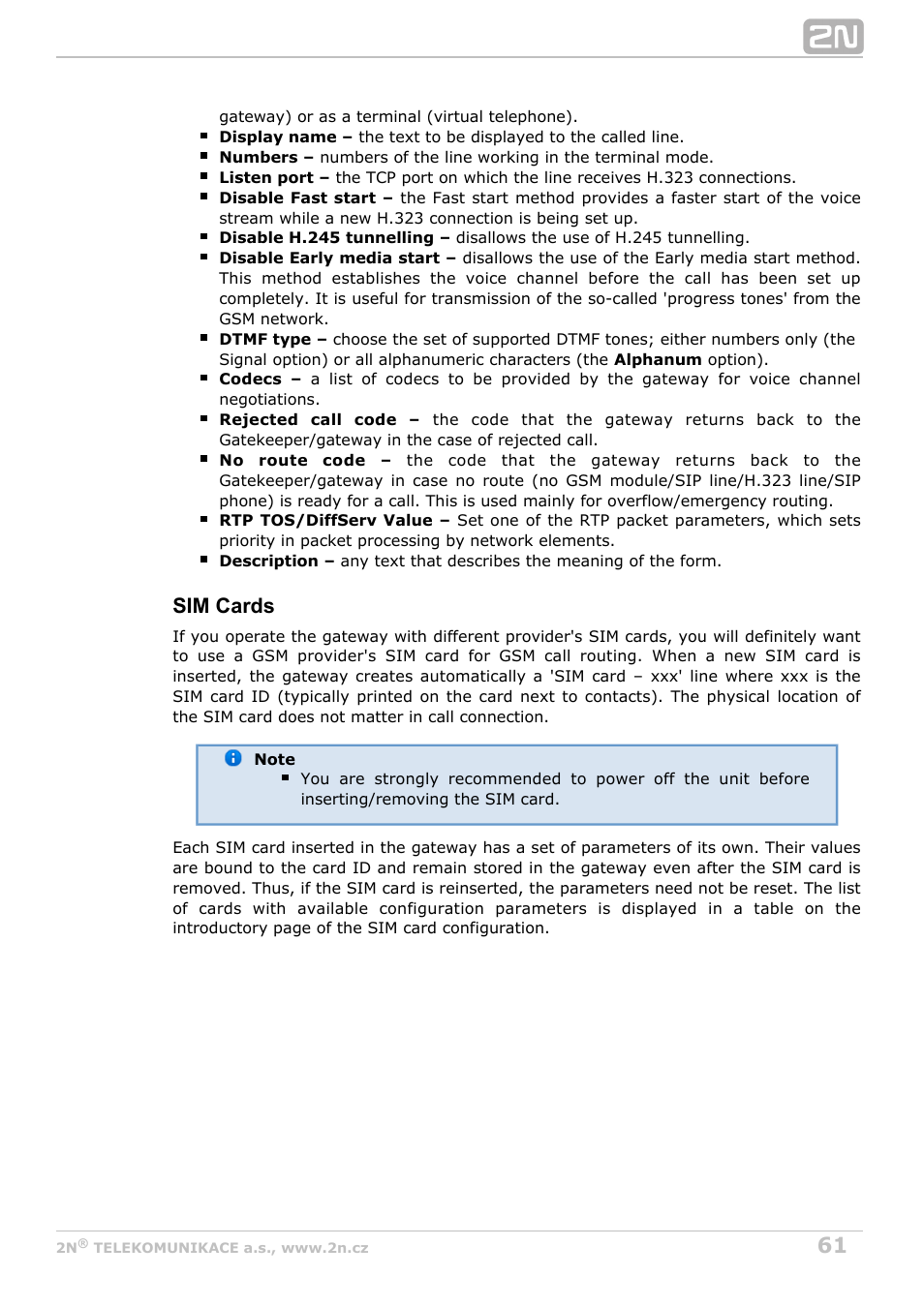 Sim cards | 2N OfficeRoute - User manual, 1493 v1.9.0 User Manual | Page 61 / 113