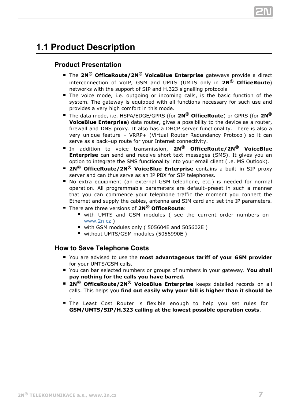 1 product description, Product presentation, How to save telephone costs | 2N OfficeRoute - User manual, 1493 v1.9.0 User Manual | Page 7 / 113