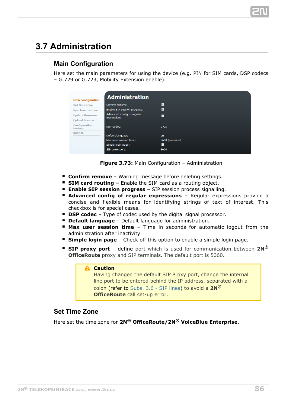 7 administration, Main configuration, Set time zone | 2N OfficeRoute - User manual, 1493 v1.9.0 User Manual | Page 86 / 113