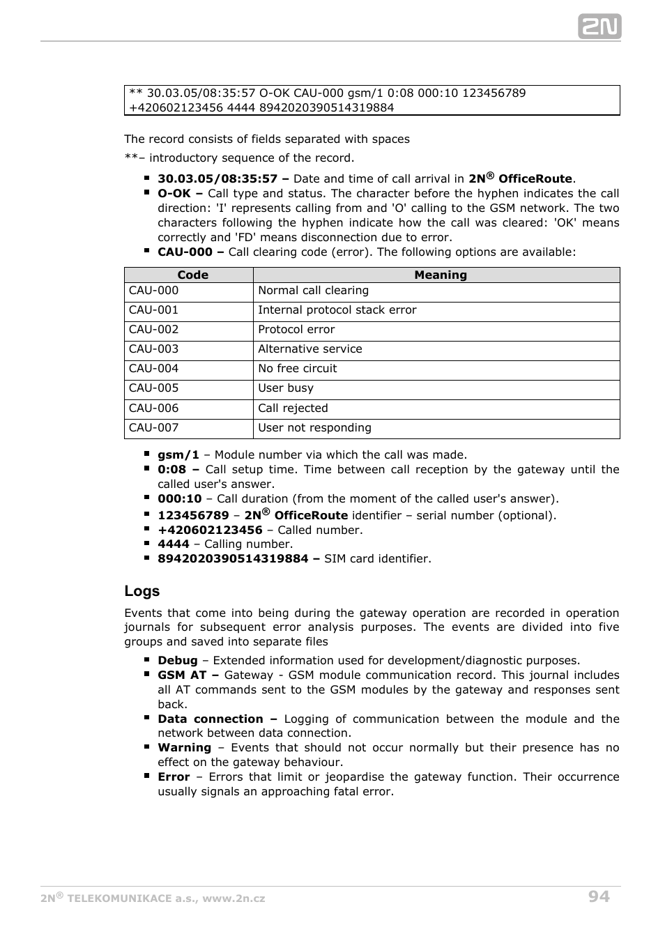 Logs | 2N OfficeRoute - User manual, 1493 v1.9.0 User Manual | Page 94 / 113