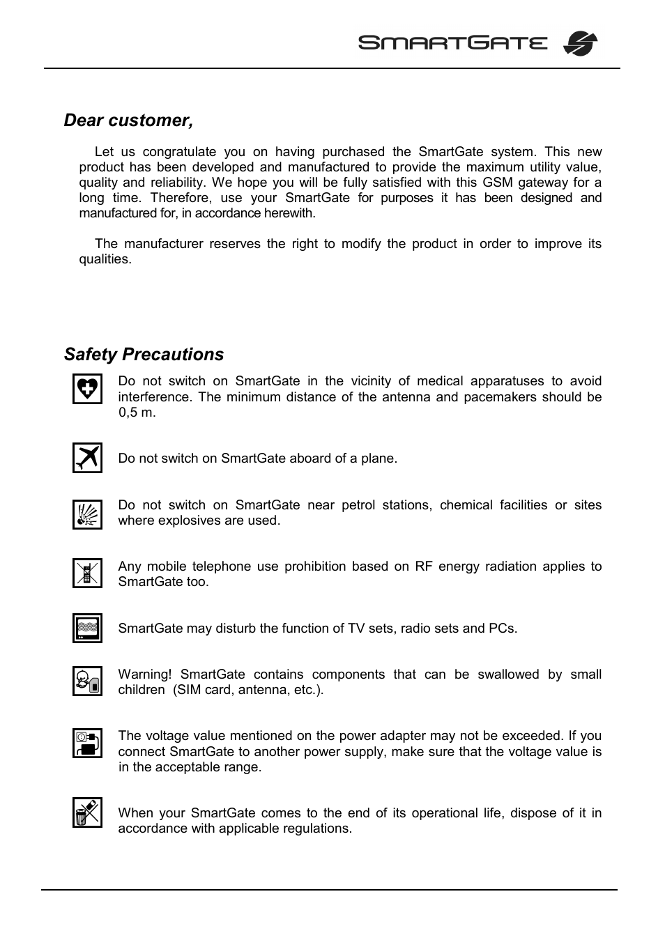 Dear customer, Safety precautions | 2N SmartGate - User Manual User Manual | Page 2 / 47