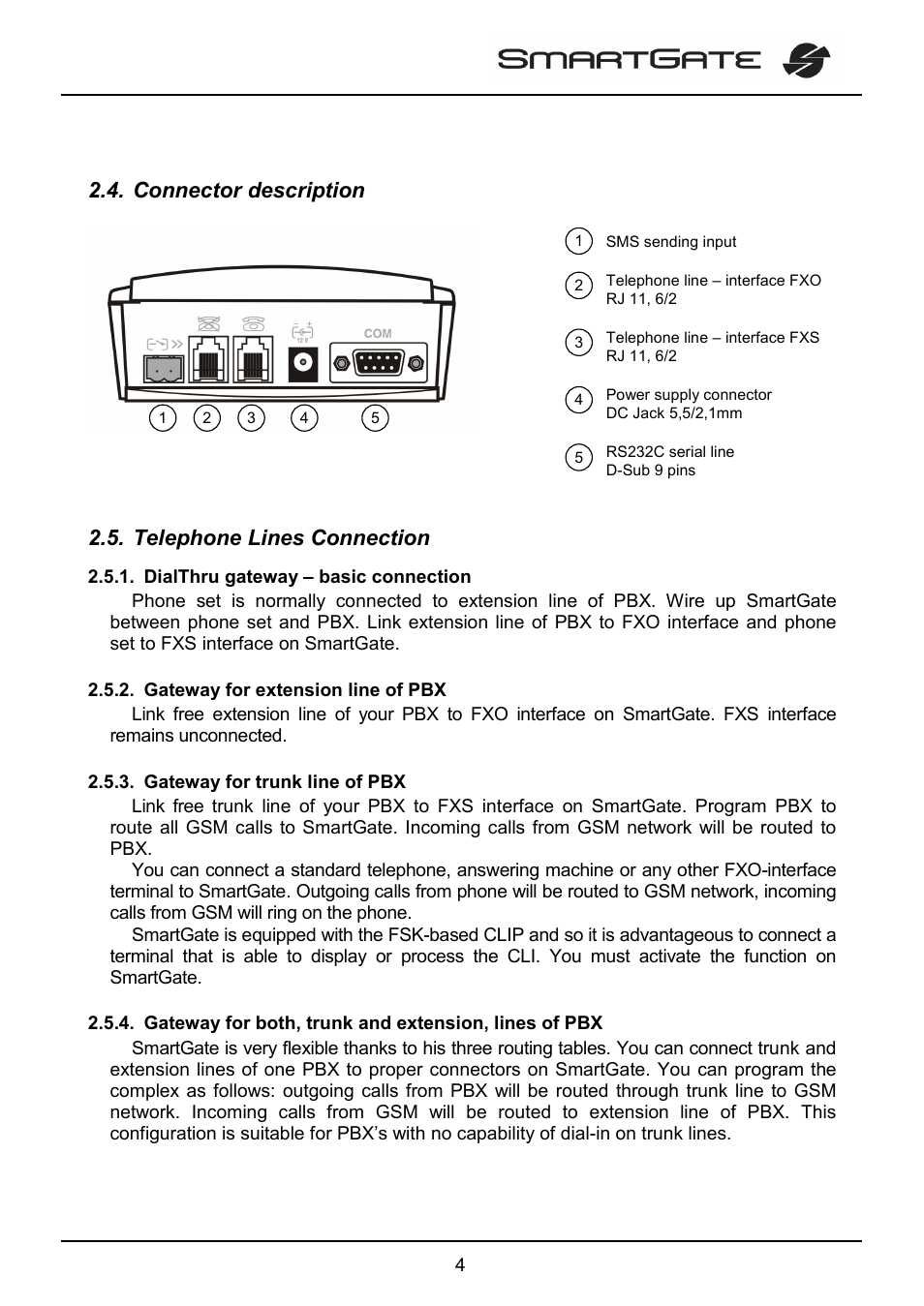 Connector description, Telephone lines connection | 2N SmartGate - User Manual User Manual | Page 9 / 47