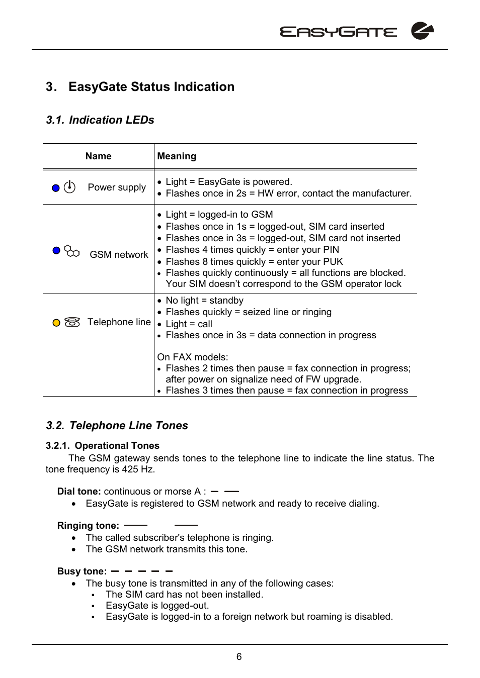 Easygate status indication, Indication leds, Telephone line tones | 2N EasyGate - User Manual User Manual | Page 11 / 36