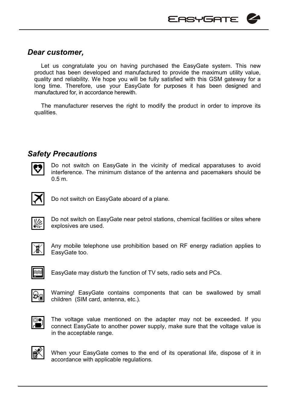 Dear customer, Safety precautions | 2N EasyGate - User Manual User Manual | Page 2 / 36